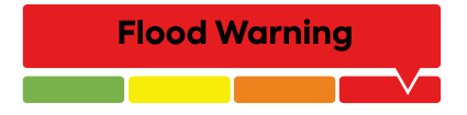 A flood messaging status indicator featuring a large red button labeled 'Flood Warning.' Below the button is a horizontal bar with four segments: green, yellow, orange, and red. A pointer is positioned over the red segment, indicating that flooding is imminent or already occurring in specific watercourses or municipalities.