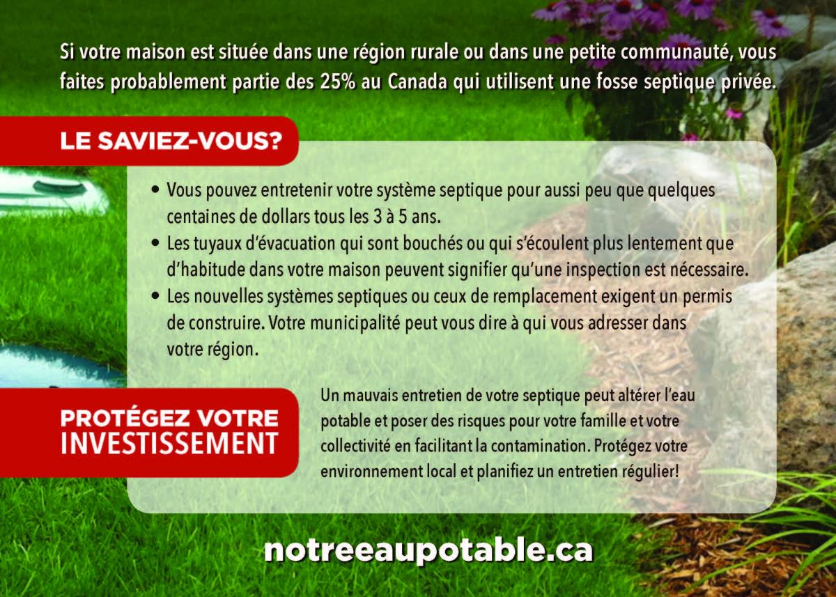 Graphique informatif sur les syst&egrave;mes septiques priv&eacute;s, indiquant que 25 % des Canadiens en milieu rural les utilisent. Il souligne que l'entretien est abordable (tous les 3 &agrave; 5 ans), que les drains lents peuvent signaler un besoin d'inspection et que des permis sont requis pour les nouveaux syst&egrave;mes. Il encourage un entretien r&eacute;gulier pour prot&eacute;ger l'eau potable et l'environnement. URL : yourdrinkingwater.ca