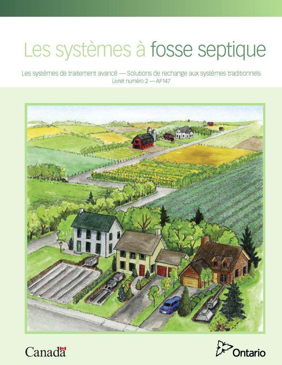 Couverture du livret SepticSmart ! num&eacute;ro 2 intitul&eacute; &laquo; Syst&egrave;mes de traitement avanc&eacute;s &mdash; Alternatives aux syst&egrave;mes septiques conventionnels &raquo;, illustrant diverses propri&eacute;t&eacute;s r&eacute;sidentielles avec diff&eacute;rentes installations septiques.