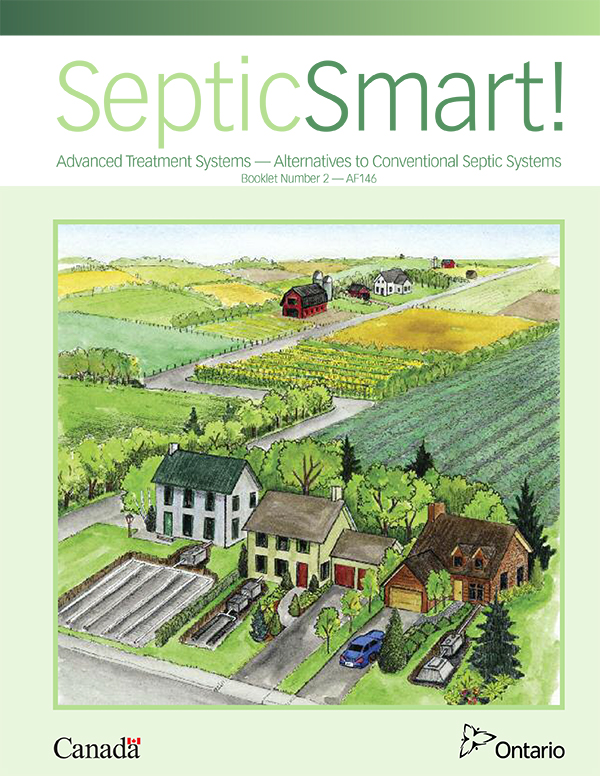 Cover of SepticSmart! Booklet Number 2 titled 'Advanced Treatment Systems &mdash; Alternatives to Conventional Septic Systems,' featuring an illustration of various residential properties with different septic setups.